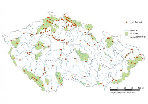 Mapa č. 2  Přehled rybích přechodů na zmapovaných vodních tocích ČR