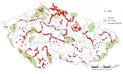 Mapa č. 3 Přehled MVE na zmapovaných vodních tocích ČR