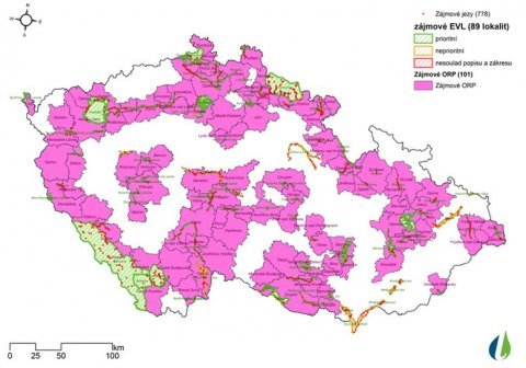 Mapa č. 5 Přehled vybraných EVL a příslušných ORP, kde bylo sledováno nakládání s vodami